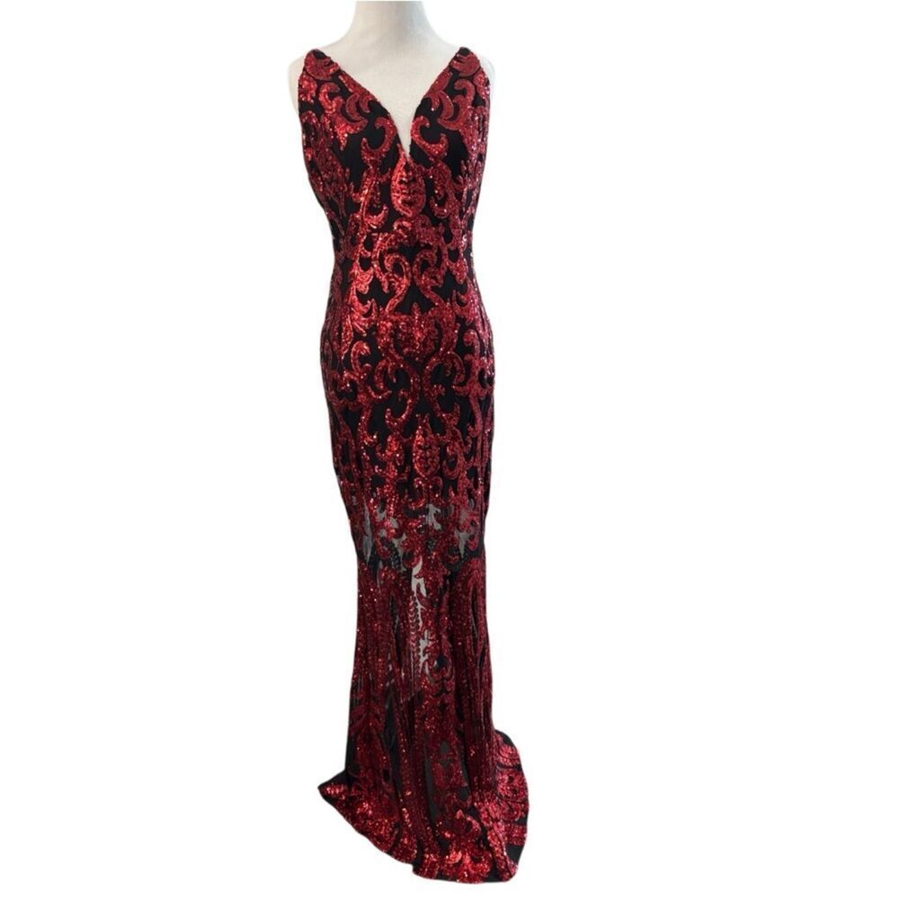 Red Black Sequin Formal Gown Maxi Dress Sheath V Neck Evening Prom Stretch Small
